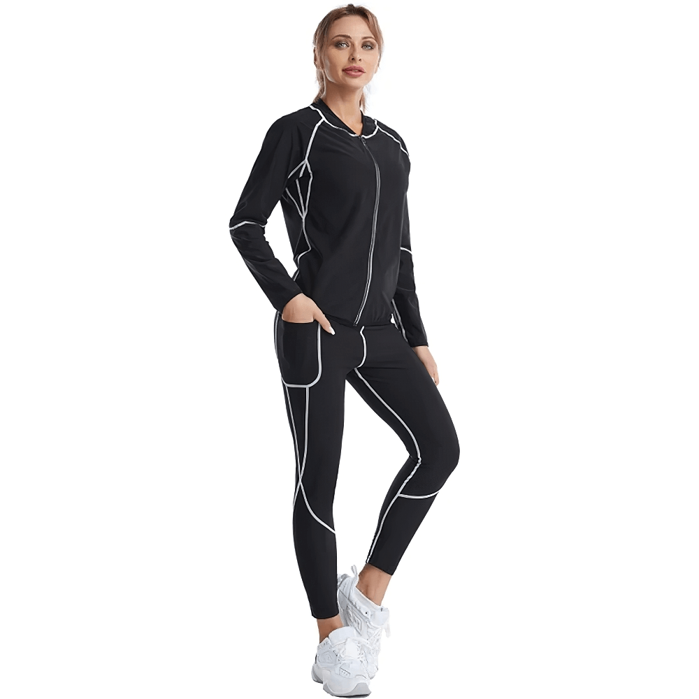 Model wearing black thermo leggings and jacket for enhanced workouts and calorie burn